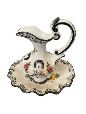 Vintage Portugal Pottery Pitcher & Bowl Plate Vestal Alcobaca Hand Painted READ
